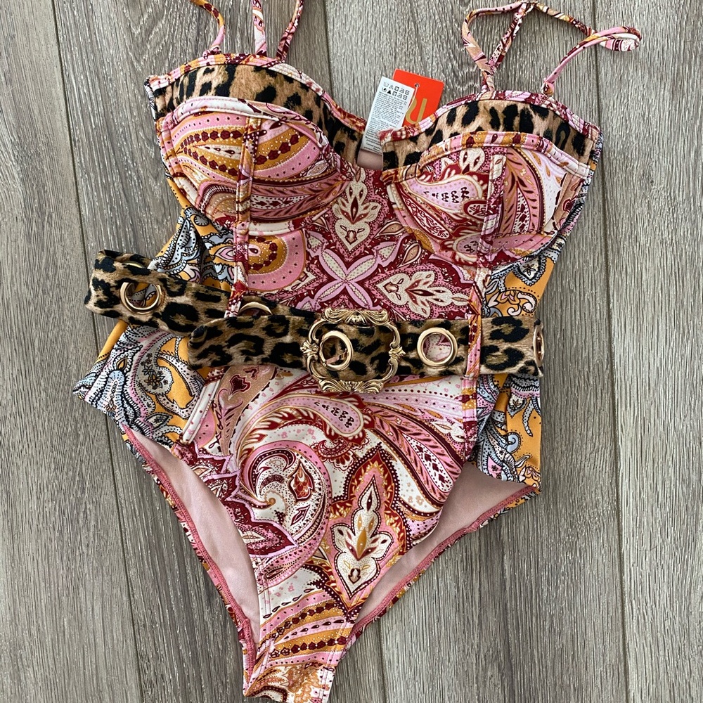 River Island Pink Paisley One-Piece Swimsuit with Leopard Belt